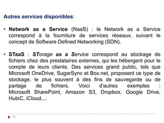 Autres services disponibles:
• Network as a Service (NaaS) : le Network as a Service
correspond à la fourniture de services réseaux, suivant le
concept de Software Defined Networking (SDN).
• STaaS : STorage as a Service correspond au stockage de
fichiers chez des prestataires externes, qui les hébergent pour le
compte de leurs clients. Des services grand public, tels que
Microsoft OneDrive, SugarSync et Box.net, proposent ce type de
stockage, le plus souvent à des fins de sauvegarde ou de
partage de fichiers. Voici d'autres exemples :
Microsoft SharePoint, Amazon S3, Dropbox, Google Drive,
HubiC, iCloud,...
20
 