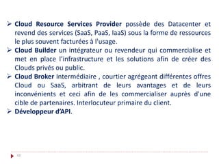  Cloud Resource Services Provider possède des Datacenter et
revend des services (SaaS, PaaS, IaaS) sous la forme de ressources
le plus souvent facturées à l'usage.
 Cloud Builder un intégrateur ou revendeur qui commercialise et
met en place l’infrastructure et les solutions afin de créer des
Clouds privés ou public.
 Cloud Broker Intermédiaire , courtier agrégeant différentes offres
Cloud ou SaaS, arbitrant de leurs avantages et de leurs
inconvénients et ceci afin de les commercialiser auprès d'une
cible de partenaires. Interlocuteur primaire du client.
 Développeur d’API.
43
 