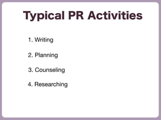 Typical PR Activities
4. Researching
2. Planning
3. Counseling
1. Writing
 
