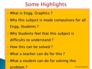  What is Engg. Graphics ?
 Why this subject is made compulsory for all
Engg. Students ?
 Why Students feel that this subject is
difficults to understand ?
 How this can be solved ?
 What a teacher can do for this ?
 What a student can do for solving this
problem ? sajanedu.blogspot.in
 