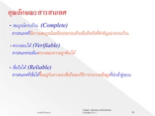 Chapter 1 Bussiness Informations
Concepts V62-2-1ธนาพัฒน์ ลิ้มสายพรหม 14
- สมบูรณ์ครบถ้วน (Complete)
สารสนเทศที่มีความสมบูรณ์จะต้องประกอบด้วยข้อเท็จจริงที่สาคัญอย่างครบถ้วน
คุณลักษณะสารสนเทศ
- ตรวจสอบได้(Verifiable)
สารสนเทศจะต้องตรวจสอบความถูกต้องได้
- เชื่อถือได้(Reliable)
สารสนเทศที่เชื่อได้ขึ้นอยู่กับความน่าเชื่อถือของวิธีการรวบรวมข้อมูลที่นาเข้าสู่ระบบ
 