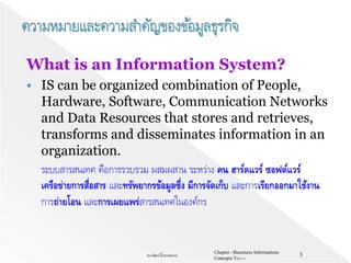 What is an Information System?
 IS can be organized combination of People,
Hardware, Software, Communication Networks
and Data Resources that stores and retrieves,
transforms and disseminates information in an
organization.
ระบบสารสนเทศ คือการรวบรวม ผสมผสาน ระหว่าง คน ฮาร์ดแวร์ ซอฟต์แวร์
เครือข่ายการสื่อสาร และทรัพยากรข้อมูลซึ่ง มีการจัดเก็บ และการเรียกออกมาใช้งาน
การถ่ายโอน และการเผยแพร่สารสนเทศในองค์กร
Chapter 1 Bussiness Informations
Concepts V62-2-1
ธนาพัฒน์ ลิ้มสายพรหม 3
 