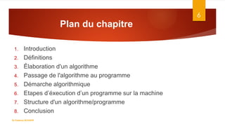 Plan du chapitre
1. Introduction
2. Définitions
3. Élaboration d'un algorithme
4. Passage de l'algorithme au programme
5. Démarche algorithmique
6. Etapes d’éxecution d’un programme sur la machine
7. Structure d'un algorithme/programme
8. Conclusion
6
Dr.Fadoua BOUAFIF
 