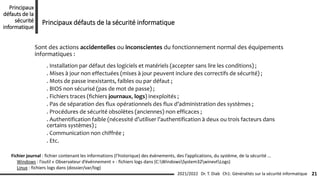Sont des actions accidentelles ou inconscientes du fonctionnement normal des équipements
informatiques :
. Installation par défaut des logiciels et matériels (accepter sans lire les conditions) ;
. Mises à jour non effectuées (mises à jour peuvent inclure des correctifs de sécurité) ;
. Mots de passe inexistants, faibles ou par défaut ;
. BIOS non sécurisé (pas de mot de passe) ;
. Fichiers traces (fichiers journaux, logs) inexploités ;
. Pas de séparation des flux opérationnels des flux d’administration des systèmes ;
. Procédures de sécurité obsolètes (anciennes) non efficaces ;
. Authentification faible (nécessité d’utiliser l’authentification à deux ou trois facteurs dans
certains systèmes) ;
. Communication non chiffrée ;
. Etc.
Ch1: Généralités sur la sécurité informatique 21
2021/2022 Dr. T. Diab
Principaux
défauts de la
sécurité
informatique
Principaux défauts de la sécurité informatique
Fichier journal : fichier contenant les informations (l’historique) des évènements, des l’applications, du système, de la sécurité …
Windows : l’outil « Observateur d’événnement » - fichiers logs dans (C:WindowsSystem32winevtLogs)
Linux : fichiers logs dans (dossier/var/log)
 