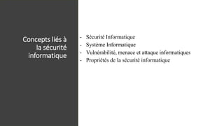Concepts liés à
la sécurité
informatique
- Sécurité Informatique
- Système Informatique
- Vulnérabilité, menace et attaque informatiques
- Propriétés de la sécurité informatique
 