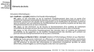 Intrusions informatiques :
Loi « Godfrain » 5/1/1988 (relative à la fraude informatique)
Art. 323-1. Le fait d’accéder ou ...