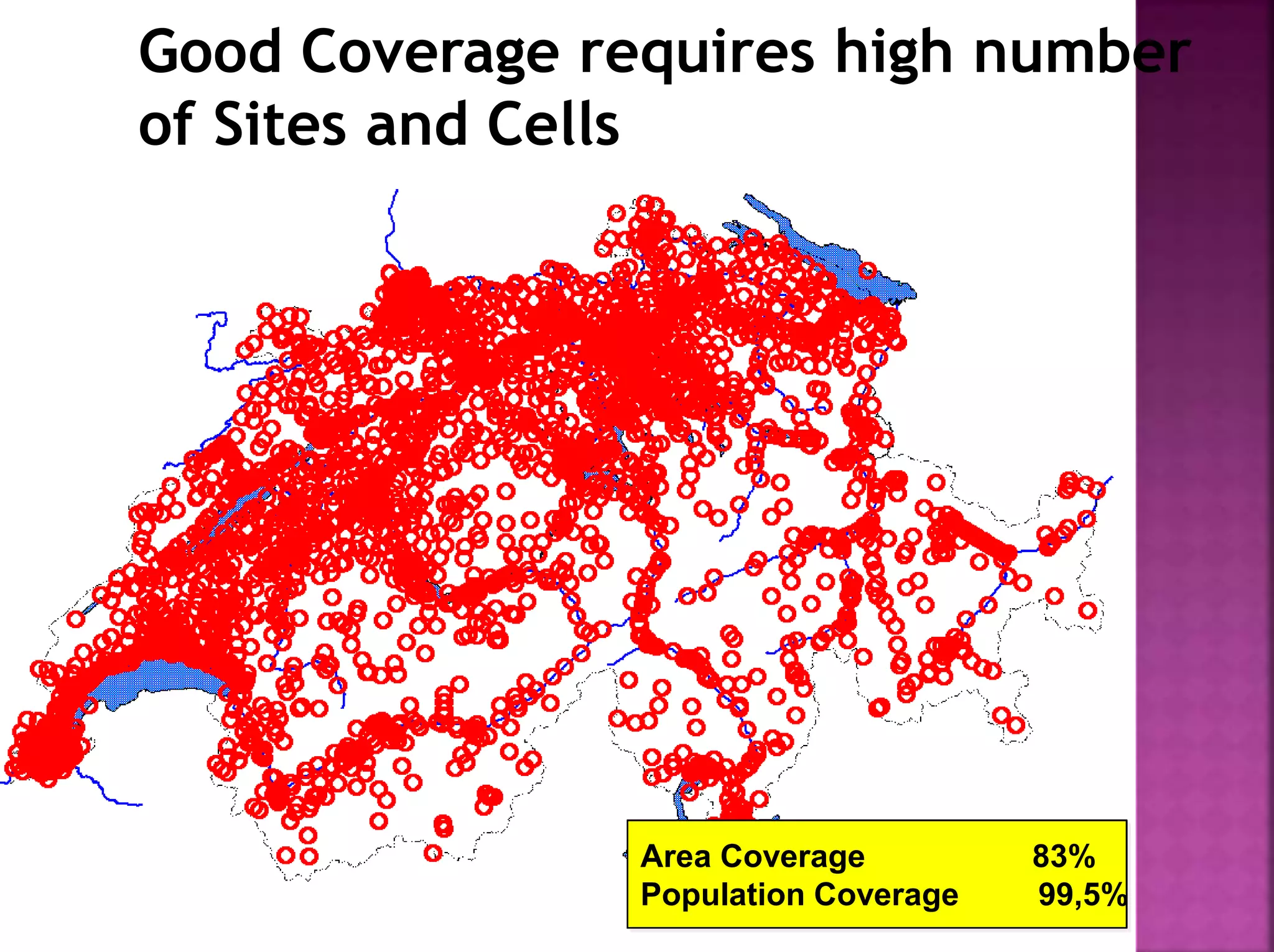 Good Coverage requires high number
of Sites and Cells
Area Coverage 83%
Population Coverage 99,5%
 