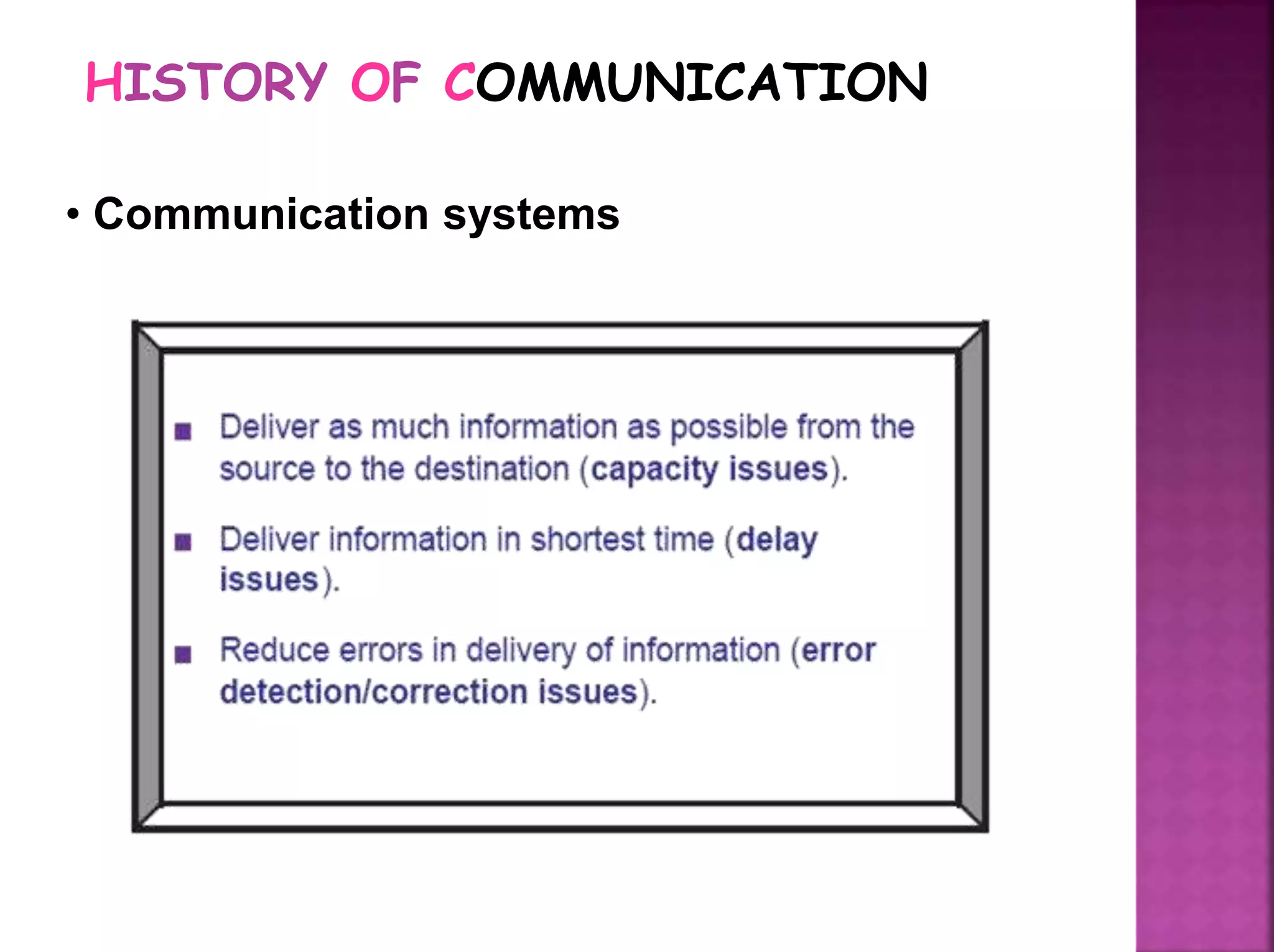 HISTORY OF COMMUNICATION
• Communication systems
 