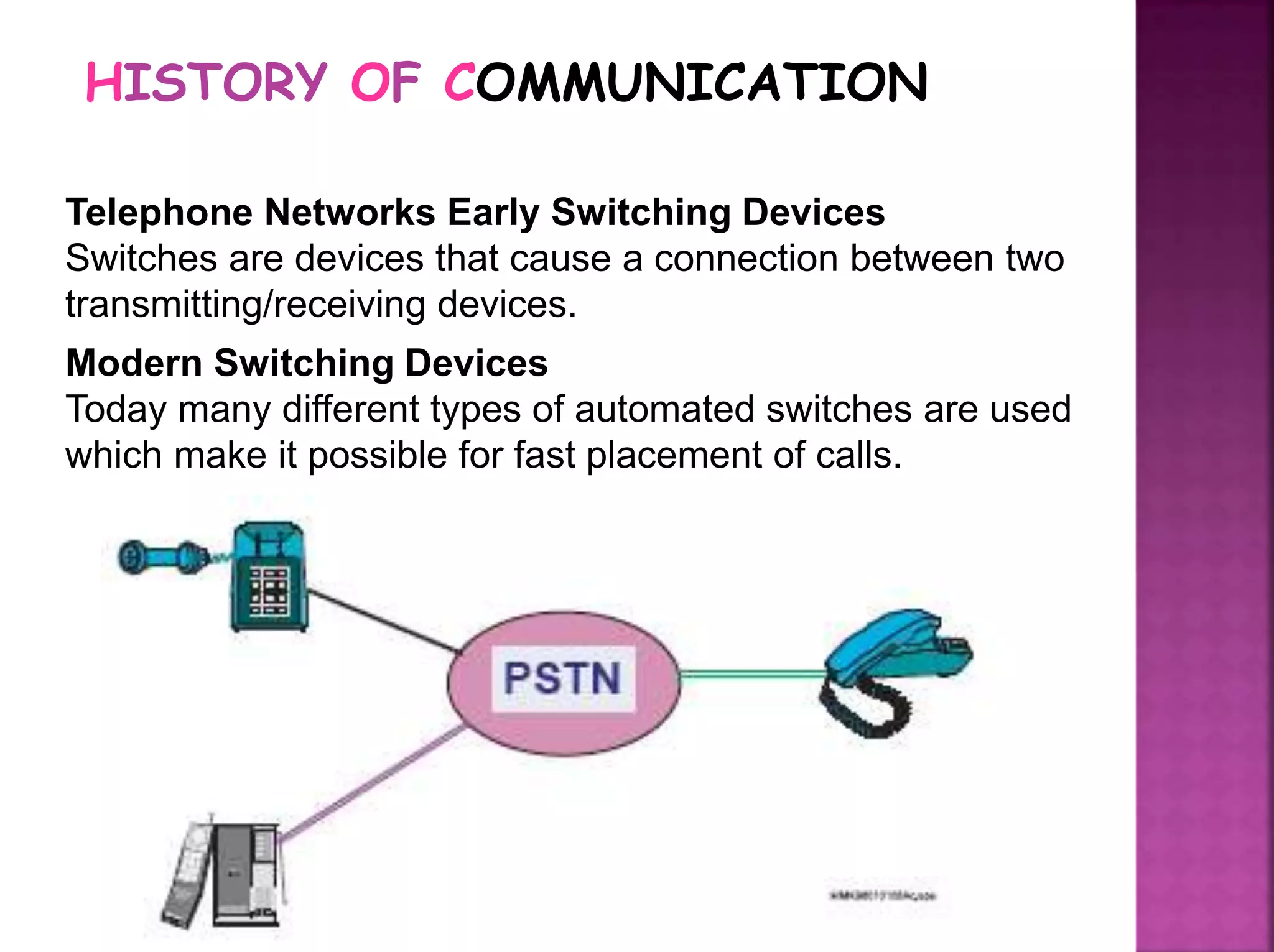 HISTORY OF COMMUNICATION
Telephone Networks Early Switching Devices
Switches are devices that cause a connection between two
transmitting/receiving devices.
Modern Switching Devices
Today many different types of automated switches are used
which make it possible for fast placement of calls.
 