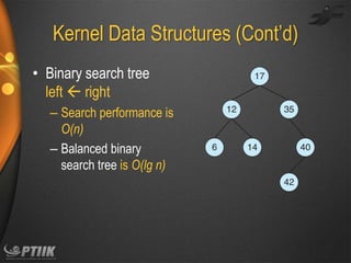 Kernel  Data  Structures  (Cont’d)
• Binary search tree
left  right
– Search performance is
O(n)
– Balanced binary
search tree is O(lg n)

 