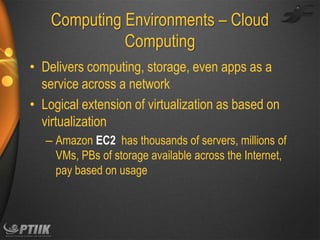 Computing Environments – Cloud
Computing
• Delivers computing, storage, even apps as a
service across a network
• Logical extension of virtualization as based on
virtualization
– Amazon EC2 has thousands of servers, millions of
VMs, PBs of storage available across the Internet,
pay based on usage

 