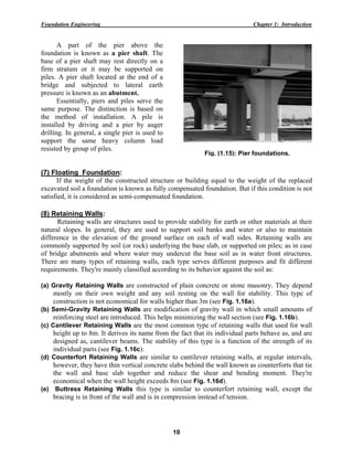Foundatio
A
foundatio
base of a
firm stra
piles. A
bridge a
pressure
Ess
same pur
the meth
installed
drilling. I
support
resisted b
(7) Float
If th
excavated
satisfied,
(8) Reta
Ret
natural s
differenc
commonl
of bridge
There are
requirem
(a) Grav
most
const
(b) Semi
reinf
(c) Canti
heigh
desig
indiv
(d) Coun
howe
the w
econ
(e) Butt
braci
n Engineering
part of t
on is known
a pier shaft
atum or it m
pier shaft lo
and subjec
is known as
entially, pie
rpose. The d
hod of ins
by driving
In general, a
the same
by group of p
ting Foun
he weight o
d soil a foun
it is conside
aining Wall
taining walls
lopes. In ge
e in the ele
ly supported
e abutments
e many type
ents. They're
ity Retainin
tly on their
truction is n
i-Gravity Re
forcing steel
ilever Retai
ht up to 8m.
gned as, can
vidual parts (
nterfort Ret
ever, they ha
wall and b
nomical when
tress Retai
ing is in fron
g
the pier a
n as a pier
may rest dir
may be sup
ocated at th
ted to lat
an abutmen
ers and piles
distinction i
stallation. A
and a pier
a single pier
heavy col
piles.
dation:
of the constr
ndation is kn
ered as semi
s:
s are structu
eneral, they
evation of th
d by soil (or
and where
es of retaini
e mainly cla
ng Walls are
own weigh
not economic
etaining Wa
are introduc
ning Walls
It derives it
ntilever beam
(see Fig. 1.1
taining Wal
ave thin vert
base slab to
n the wall he
ining Walls
nt of the wal
above the
shaft. The
rectly on a
pported on
he end of a
teral earth
nt.
s serve the
s based on
A pile is
r by auger
r is used to
lumn load
ructed struct
nown as fully
-compensate
ures used to
are used to
he ground s
rock) under
water may
ing walls, e
assified accor
e constructe
ht and any
cal for walls
alls are mod
ced. This hel
are the mos
ts name from
ms. The stab
16c).
ls are simila
tical concrete
ogether and
eight exceed
s this type i
l and is in co
10
ture or build
y compensat
ed foundatio
provide stab
o support so
surface on e
rlying the ba
undercut th
ach type se
rding to its b
ed of plain c
soil resting
higher than
dification of
lps minimizi
st common t
m the fact th
bility of this
ar to cantile
e slabs behin
reduce the
ds 8m (see F
is similar to
ompression i
ding equal t
ed foundatio
on.
bility for ear
oil banks an
each of wal
ase slab, or s
he base soil
rves differe
behavior aga
concrete or s
on the wal
3m (see Fig
f gravity wal
ing the wall
type of retai
hat its indivi
s type is a fu
ever retainin
nd the wall k
e shear and
ig. 1.16d).
o counterfor
instead of te
Fig. (1.15
Chap
o the weigh
on. But if thi
rth or other
nd water or
ll sides. Ret
supported on
as in water
nt purposes
ainst the soil
stone mason
ll for stabili
g. 1.16a).
ll in which s
section (see
ining walls t
dual parts b
unction of th
ng walls, at
known as co
d bending m
rt retaining
ension.
5): Pier foun
pter 1: Introd
ht of the rep
is condition
materials at
also to mai
taining wall
n piles; as in
r front struc
and fit diff
l as:
nry. They de
ity. This typ
small amoun
Fig. 1.16b)
that used for
ehave as, an
he strength
regular inte
ounterforts th
moment. Th
wall, excep
ndations.
duction
placed
is not
t their
intain
ls are
n case
tures.
ferent
epend
pe of
nts of
).
r wall
nd are
of its
rvals,
hat tie
hey're
pt the
 