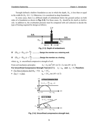 Foundation Engineering Chapter 1: Introduction
3
Terzaghi defined a shallow foundation as one in which the depth, fD , is less than or equal
to the width B ( B/Df ≤ 1). Otherwise, it is considered as deep foundation.
In some cases, there is a different depth of embedment below the ground surface on both
sides of a foundation as shown in Fig. (1.3). For those cases, fD should be the depth at shallow
side, in addition to, the overburden pressure must be compared with soil cohesion to decide the
type of footing required for design as follows:
If ).D.D( 2f1f γ−γ >
2
qu ……….. Design the member as a retaining wall.
If ).D.D( 2f1f γ−γ
2
qu≤ …………Design the member as a footing.
where uq is unconfined compressive strength of soil.
From soil mechanics principles )2/45.(tan.c.2)2/45(tan. 2
31 φ++φ+σ=σ
For Unconfined Compressive Strength Test (U.C.T.): u1 q=σ and 03 =σ ; Therefore:
• For Pure Cohesive Soil ( 0u =φ ): uu C.2q =
• For φ−C Soil: )2/45.(tan.C.2q uu φ+=
)(σ
)(τ
03 =σ u1 q=σ
uC
φσ+= tan.CS u
θ2
b- φ−c Soil
)(σ
)(τ
03 =σ u1 q=σ
0,
2
q
CS u
u
u =φ==
uC
a- Pure Cohesive Soil
Fig. (1.4): Unconfined compressive strength test.
∑P
G.S.
2fD1fD
B
Fig. (1.3): Depth of embedment.
G.S.
 