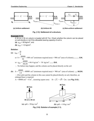 Foundation Engineering Chapter 1: Introduction
5
Example (1.1):
A 30 cm x 30 cm column is loaded with 40 Ton. Check whether the column can be placed
on soil directly or not if the allowable bearing capacity of soil is:
(a) .allq = 50 kg/cm2
, and
(b) .allq = 1.0 kg/cm2
.
Solution:
(a)
A
Q
q .all =
or 800
50
40000
A == cm2
(minimum required area) < 900 cm2
(area of column)……… O.K.
or 4.44
30x30
40000
q .all == kg/cm2
< 50 kg/cm2
…… O.K.
∴ No failure may happen; and the column can be placed directly on the soil.
(b) 40000
0.1
40000
A == cm2
(minimum required area) > 900 cm2
(area of column) ..... N.O.K.
∴ (Not safe) and the column in this case cannot be placed directly on soil, therefore, an
enlarged base is required.
A = 40000 cm2
= 4 m2
, assuming square area: AB = = √4 = 2m. (see Fig. (1.6)).
Fig. (1.5): Settlement of a structure.
(a) Uniform settlement (b) Uniform tilt (c) Non-uniform settlement
L′ G.S. L′ G.S.
2L′
G.S.
.)(mintS
.)(maxtS
.)(mintS
.)(maxtS
1L′
St St
Fig. (1.6): Solution of example (1.1).
40 Ton
2m
2m
(b) 2
cm/kg.0.1.qall =
40 Ton
(a) 2
cm/kg.50.qall =
30 cm x 30 cm
 