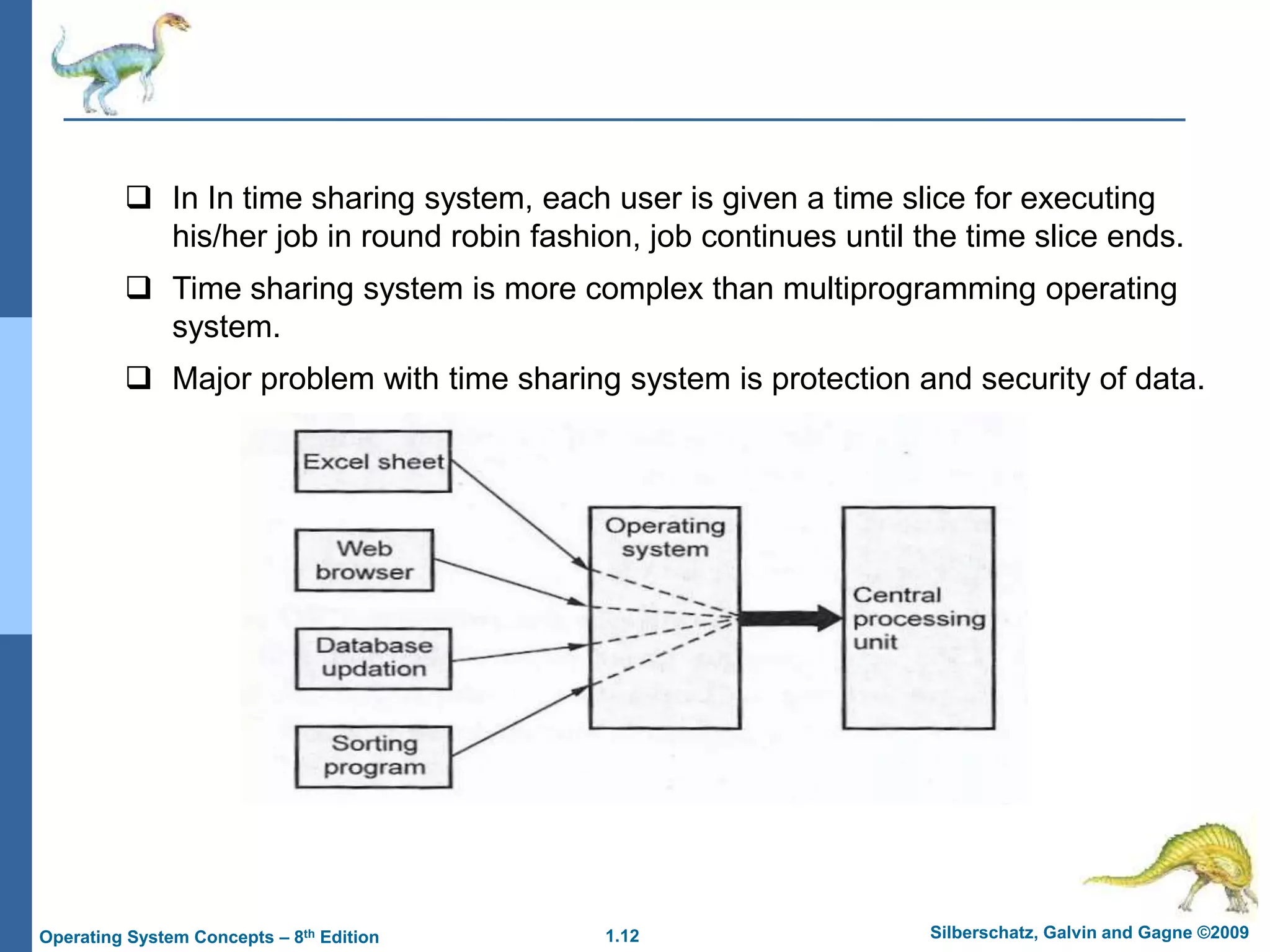 1.12 Silberschatz, Galvin and Gagne ©2009
Operating System Concepts – 8th Edition
 In In time sharing system, each user is given a time slice for executing
his/her job in round robin fashion, job continues until the time slice ends.
 Time sharing system is more complex than multiprogramming operating
system.
 Major problem with time sharing system is protection and security of data.
 