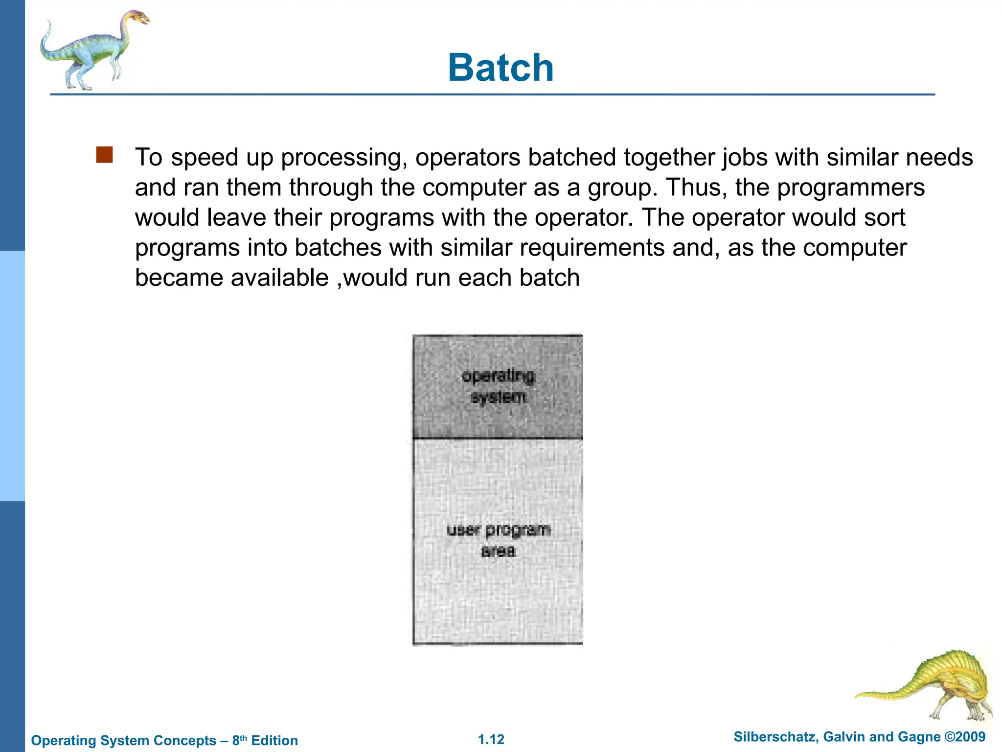 1.12 Silberschatz, Galvin and Gagne ©2009
Operating System Concepts – 8th
Edition
Batch
 To speed up processing, operators batched together jobs with similar needs
and ran them through the computer as a group. Thus, the programmers
would leave their programs with the operator. The operator would sort
programs into batches with similar requirements and, as the computer
became available ,would run each batch
 