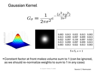Gaussian Kernel
•Constant factor at front makes volume sum to 1 (can be ignored,
as we should re-normalize weights to sum to 1 in any case)
Dr. Sujata P. Pathak, IT, KJSSE
0.003 0.013 0.022 0.013 0.003
0.013 0.059 0.097 0.059 0.013
0.022 0.097 0.159 0.097 0.022
0.013 0.059 0.097 0.059 0.013
0.003 0.013 0.022 0.013 0.003
5 x 5,  = 1
Source: C. Rasmussen
 