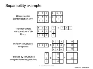 Separability example
Dr. Sujata P. Pathak, IT, KJSSE
*
*
=
=
2D convolution
(center location only)
Source: K. Grauman
The filter factors
into a product of 1D
filters:
Perform convolution
along rows:
Followed by convolution
along the remaining column:
 