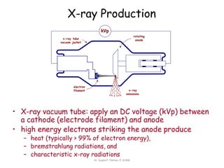 X-ray Production
• X-ray vacuum tube: apply an DC voltage (kVp) between
a cathode (electrode filament) and anode
• high energy electrons striking the anode produce
– heat (typically > 99% of electron energy),
– bremstrahlung radiations, and
– characteristic x-ray radiations
kVp
electron
filament x-ray
emissions
rotating
anode
x-ray tube
vacuum jacket
Dr. Sujata P. Pathak, IT, KJSSE
 