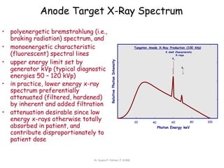 Anode Target X-Ray Spectrum
Relative
Photon
Intensity
100
80
60
Photon Energy keV
40
20
K
Tungsten Anode X-Ray Production (100 kVp)
K shell Characteristic
X-rays
K
• polyenergetic bremstrahlung (i.e.,
braking radiation) spectrum, and
• monoenergetic characteristic
(fluorescent) spectral lines
• upper energy limit set by
generator kVp (typical diagnostic
energies 50 – 120 kVp)
• in practice, lower energy x-ray
spectrum preferentially
attenuated (filtered, hardened)
by inherent and added filtration
• attenuation desirable since low
energy x-rays otherwise totally
absorbed in patient, and
contribute disproportionately to
patient dose
Dr. Sujata P. Pathak, IT, KJSSE
 