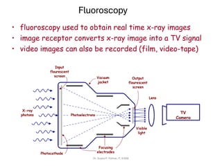 Fluoroscopy
• fluoroscopy used to obtain real time x-ray images
• image receptor converts x-ray image into a TV signal
• video images can also be recorded (film, video-tape)
Focusing
electrodes
Output
flourescent
screen
Vacuum
jacket
Input
flourescent
screen
X-ray
photons
Photocathode
Visible
light
Lens
Photoelectrons
TV
Camera
Dr. Sujata P. Pathak, IT, KJSSE
 