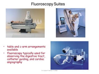 Fluoroscopy Suites
• table and c-arm arrangements
available
• fluoroscopy typically used for
observing the digestive tract,
catheter guiding, and cardiac
angiography
Dr. Sujata P. Pathak, IT, KJSSE
 