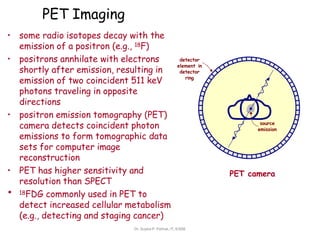 PET Imaging
PET camera
detector
element in
detector
ring
source
emission
• some radio isotopes decay with the
emission of a positron (e.g., 18F)
• positrons annhilate with electrons
shortly after emission, resulting in
emission of two coincident 511 keV
photons traveling in opposite
directions
• positron emission tomography (PET)
camera detects coincident photon
emissions to form tomographic data
sets for computer image
reconstruction
• PET has higher sensitivity and
resolution than SPECT
• 18FDG commonly used in PET to
detect increased cellular metabolism
(e.g., detecting and staging cancer)
Dr. Sujata P. Pathak, IT, KJSSE
 
