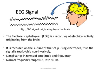 Fig.: EEG signal originating from the brain
• The Electroencephalogram (EEG) is a recording of electrical activity
originating from the brain.
• It is recorded on the surface of the scalp using electrodes, thus the
signal is retrievable non-invasively.
• Signal varies in terms of amplitude and frequency
• Normal frequency range: 0.5Hz to 50 Hz.
EEG Signal
Dr. Sujata P. Pathak, IT, KJSSE
 