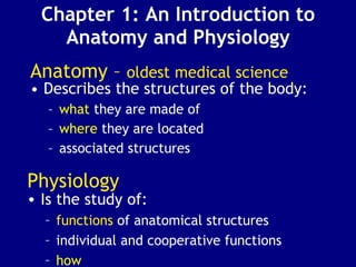 Chapter 1: An Introduction to Anatomy and Physiology ,[object Object],[object Object],[object Object],[object Object],Anatomy –  oldest medical science Physiology ,[object Object],[object Object],[object Object],[object Object]