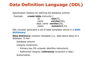 Data Definition Language (DDL) 
 Specification notation for defining the database schema 
Example: create table instructor ( 
ID char(5), 
name varchar(20), 
dept_name varchar(20), 
salary numeric(8,2)) 
 DDL compiler generates a set of table templates stored in a data 
dictionary 
 Data dictionary: contains metadata (i.e., data about data) of a 
database. It has- 
 Database schema 
 Integrity constraints 
 Primary key (ID uniquely identifies instructors) 
 Referential integrity (references constraint in SQL) 
 Authorization 
 