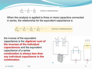 When this analysis is applied to three or more capacitors connected
in series, the relationship for the equivalent capacitance is
the inverse of the equivalent
capacitance is the algebraic sum of
the inverses of the individual
capacitances and the equivalent
capacitance of a series
combination is always less than
any individual capacitance in the
combination.
21-10-2015 FCI 11
 