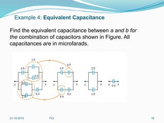 Example 4: Equivalent Capacitance
Find the equivalent capacitance between a and b for
the combination of capacitors shown in Figure. All
capacitances are in microfarads.
21-10-2015 FCI 16
 
