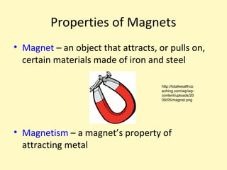 Properties of Magnets
• Magnet – an object that attracts, or pulls on,
  certain materials made of iron and steel

                                     http://totalwealthco
                                     aching.com/wp/wp-
                                     content/uploads/20
                                     09/05/magnet.png




• Magnetism – a magnet’s property of
  attracting metal
 