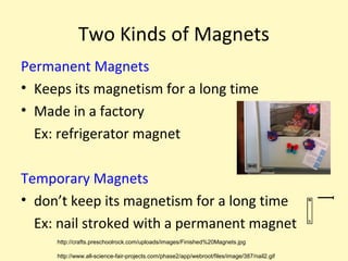 Two Kinds of Magnets
Permanent Magnets
• Keeps its magnetism for a long time
• Made in a factory
  Ex: refrigerator magnet

Temporary Magnets
• don’t keep its magnetism for a long time
  Ex: nail stroked with a permanent magnet
     http://crafts.preschoolrock.com/uploads/images/Finished%20Magnets.jpg

     http://www.all-science-fair-projects.com/phase2/app/webroot/files/image/387/nail2.gif
 