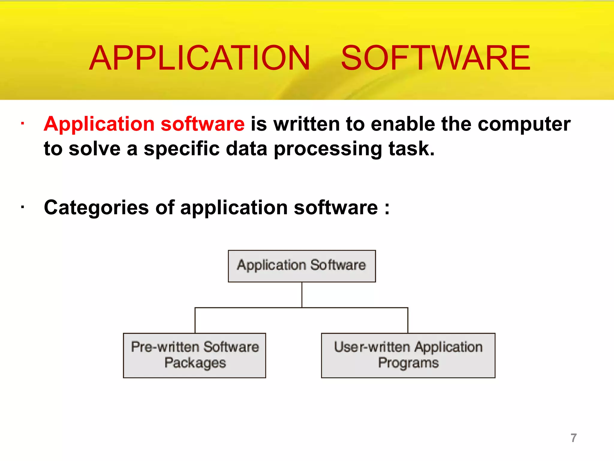 • Application software is written to enable the computer
to solve a specific data processing task.
• Categories of application software :
7
APPLICATION SOFTWARE
 