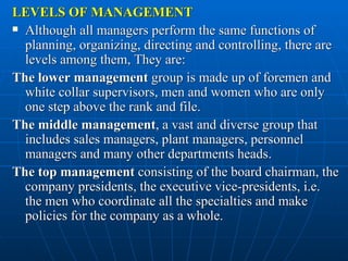 Lower Management Roles Ch1 Managemnet and Organization | PPT