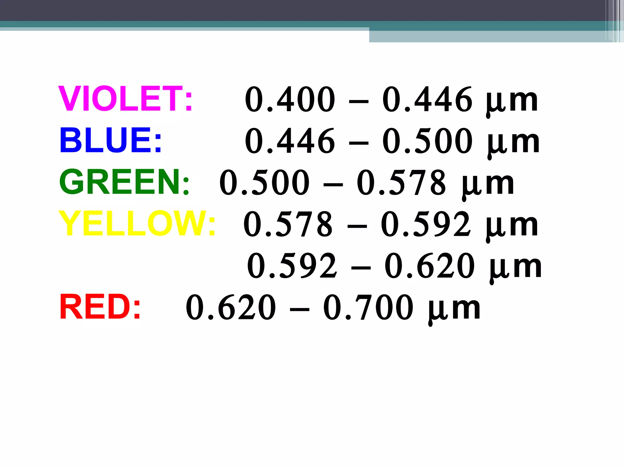 VIOLET: 0.400 − 0.446 µm
BLUE:
0.446 − 0.500 µm
GREEN: 0.500 − 0.578 µm
YELLOW: 0.578 − 0.592 µm
ORANGE: 0.592 − 0.620 µm
RED: 0.620 − 0.700 µm

 