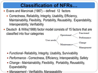  Evans and Marciniak (1987) – defined 12 factors
 Correctness, Reliability, Integrity, Usability, Efficiency,
Maintainability, Flexibility, Portability, Reusability, Expandability,
Interoperability, Verifiability
 Deutsch & Willis(1988) factor model consists of 15 factors that are
classified into four categories
 Functional- Reliability, Integrity, Usability, Survivability
 Performance - Correctness, Efficiency, Interoperability, Safety
 Change - Maintainability, Flexibility, Portability, Reusability,
Expandability
 Management - Verifiability, Manageability
Classification of NFRs…
 