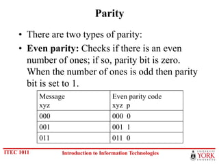 Parity
     • There are two types of parity:
     • Even parity: Checks if there is an even
       number of ones; if so, parity bit is zero.
       When the number of ones is odd then parity
       bit is set to 1.
            Message                   Even parity code
            xyz                       xyz p
            000                       000 0
            001                       001 1
            011                       011 0
ITEC 1011         Introduction to Information Technologies
 