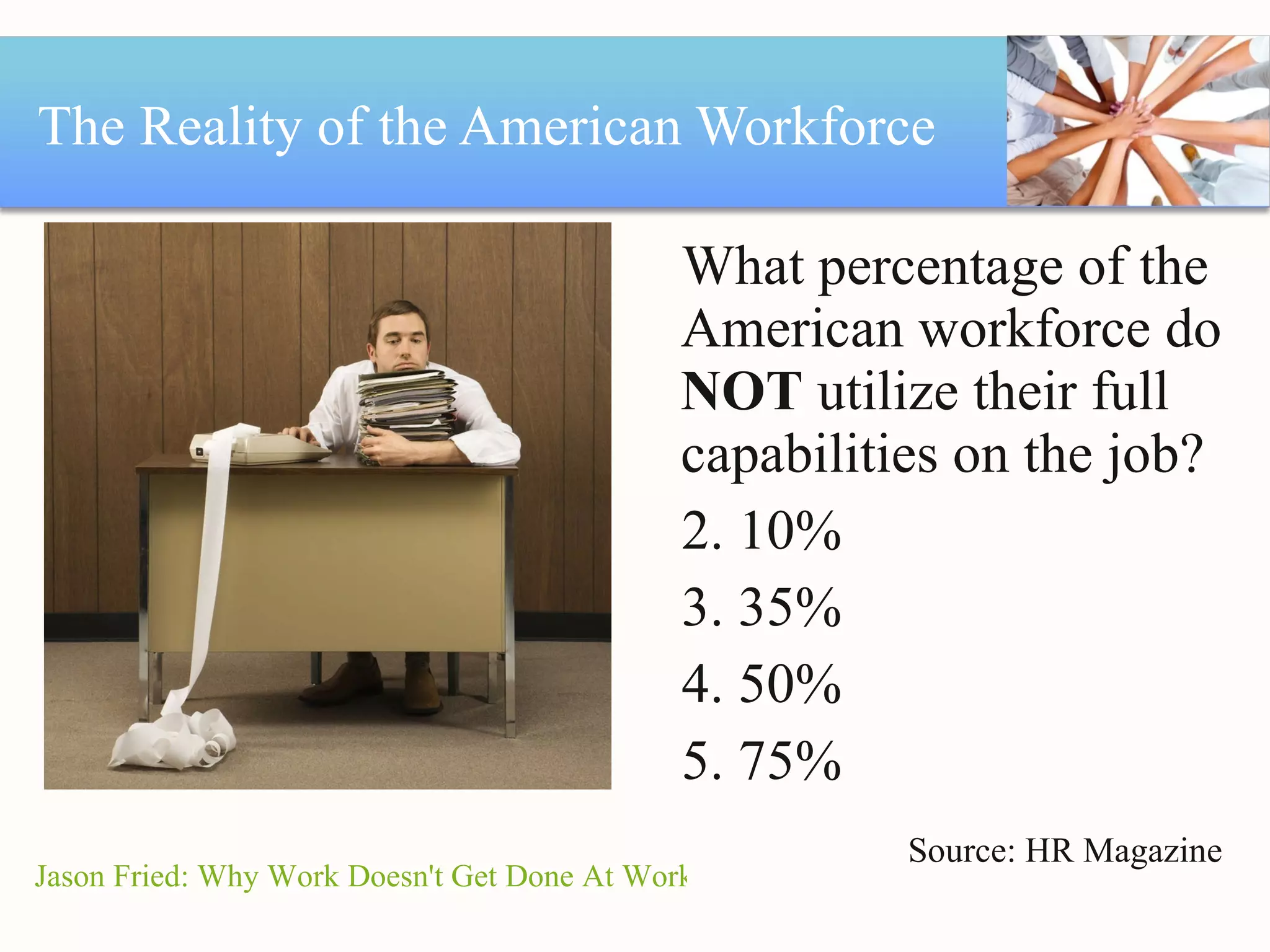 The Reality of the American Workforce What percentage of the American workforce do  NOT  utilize their full capabilities on the job? 10% 35% 50% 75% Source: HR Magazine Jason Fried: Why Work Doesn't Get Done At Work 