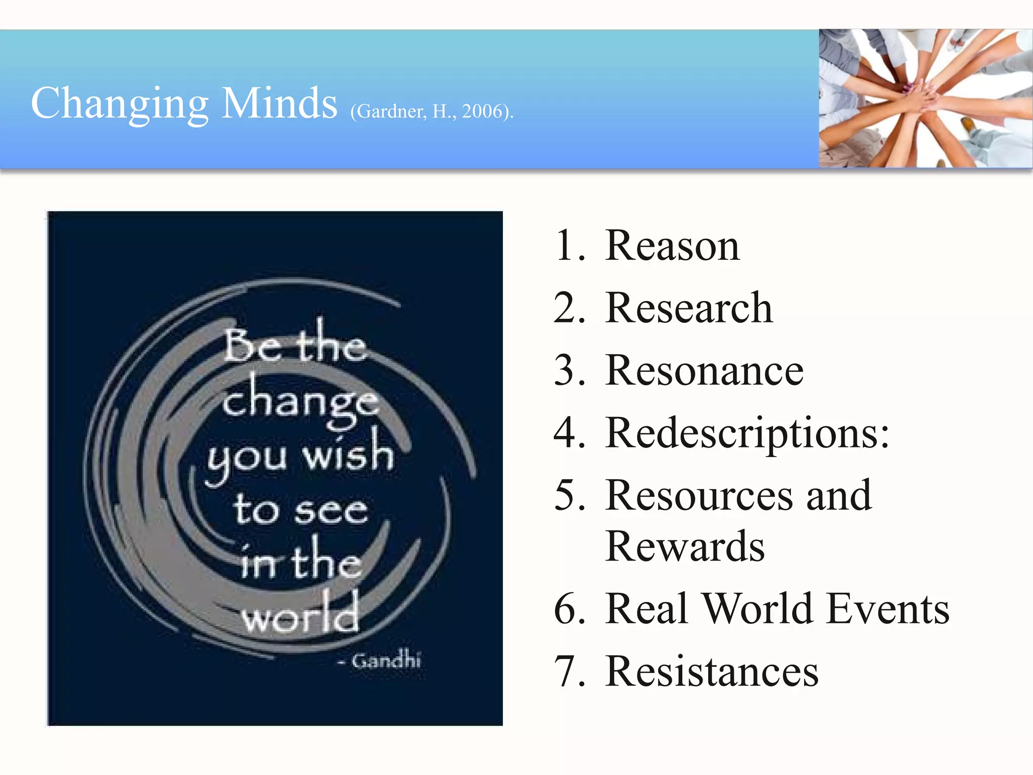 Changing Minds  (Gardner, H., 2006).  Reason Research Resonance Redescriptions: Resources and Rewards Real World Events Resistances 