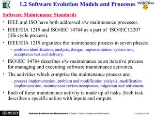 Software Evolution and Maintenance (Chapter 1: Basic Concepts and Preliminaries) © Tripathy & Naik
1.2 Software Evolution Models and Processes
Software Maintenance Standards
• IEEE and ISO have both addressed s/w maintenance processes.
• IEEE/EIA 1219 and ISO/IEC 14764 as a part of ISO/IEC12207
(life cycle process).
• IEEE/EIA 1219 organizes the maintenance process in seven phases:
– problem identification, analysis, design, implementation, system test,
acceptance test and delivery.
• ISO/IEC 14764 describes s/w maintenance as an iterative process
for managing and executing software maintenance activities.
• The activities which comprise the maintenance process are:
– process implementation, problem and modification analysis, modification
implementation, maintenance review/acceptance, migration and retirement.
• Each of these maintenance activity is made up of tasks. Each task
describes a specific action with inputs and outputs.
 