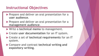 Instructional Objectives
 Prepare and deliver an oral presentation for a
user audience.
 Prepare and deliver an oral presentation for a
management audience.
 Write a technical memo to management.
 Create user documentation for an IT system.
 Create a set of technical requirements for an IT
system.
 Compare and contrast technical writing and
expository writing.
 