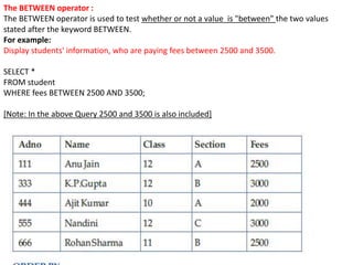 The BETWEEN operator :
The BETWEEN operator is used to test whether or not a value is "between" the two values
stated after the keyword BETWEEN.
For example:
Display students' information, who are paying fees between 2500 and 3500.
SELECT *
FROM student
WHERE fees BETWEEN 2500 AND 3500;
[Note: In the above Query 2500 and 3500 is also included]
 