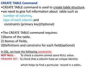 CREATE TABLE Command
•CREATE TABLE command is used to create table structure.
•we need to give full information about table such as
number of columns,
type of each column and
constraints (primary key)(Optional)
•The CREATE TABLE command requires:
1)Name of the table,
2) Names of fields,
3)Definitions and constrains for each field(optional)
In SQL, we have the following constraints:
NOT NULL - To check a column cannot store NULL value.
PRIMARY KEY - To check that a column have an unique identity
which helps to find a particular record in a table.
 