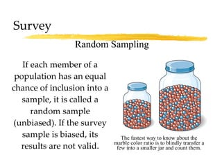 Survey If each member of a population has an equal chance of inclusion into a sample, it is called a random sample (unbiased). If the survey sample is biased, its results are not valid. Random Sampling The fastest way to know about the marble color ratio is to blindly transfer a few into a smaller jar and count them. 