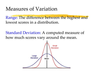 Measures of Variation Range:  The difference between the highest and lowest scores in a distribution. Standard Deviation:  A computed measure of how much scores vary around the mean.  