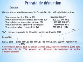 Une entreprise a réalisé au cours de l’année 2019 le chiffre d’affaires suivant :
Ventes soumises à la TVA de 20% 1000 000 DH (HT)
Ventes exonérées avec droit à déduction 20% 500 000 DH (HT)
Ventes faites en suspension de taxe 20% 400 000 DH (HT)
Ventes exonérées sans droit à déduction 300 000 DH (HT)
Ventes situées hors champ de la TVA 700 000 DH (HT)
(A)
TAF : calculer le prorata de déduction au titre de l’année 2020
Résolution :
Prorata 2018 = { (1 000 000*1.2)+(500 000*1.2)+(400 000*1.2) /(A)+ 300 000+ 700 000}*100
= 70%
Ce coefficient servira tout au long de l’année 2020, pour déterminer la quote part
déductible de la TVA grevant les dépenses d’exploitation et celles
d’immobilisations.
Prorata de déduction
Exemple
 