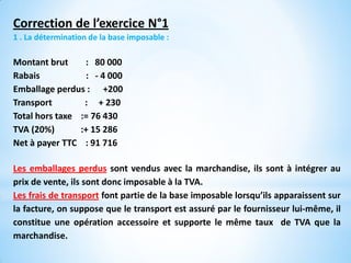 Correction de l’exercice N°1
1 . La détermination de la base imposable :
Montant brut : 80 000
Rabais : - 4 000
Emballage perdus : +200
Transport : + 230
Total hors taxe := 76 430
TVA (20%) :+ 15 286
Net à payer TTC : 91 716
Les emballages perdus sont vendus avec la marchandise, ils sont à intégrer au
prix de vente, ils sont donc imposable à la TVA.
Les frais de transport font partie de la base imposable lorsqu’ils apparaissent sur
la facture, on suppose que le transport est assuré par le fournisseur lui-même, il
constitue une opération accessoire et supporte le même taux de TVA que la
marchandise.
 