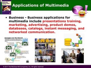 © 2011 The McGraw-Hill Companies, Inc. All rights reserved
Applications of Multimedia
• Business - Business applications for
multimedia include presentations training,
marketing, advertising, product demos,
databases, catalogs, instant messaging, and
networked communication.
 